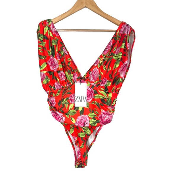 Zara Floral Red Rose Draped Bodysuit ruched boho sz L - Picture 2 of 10